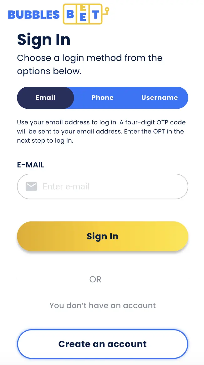 Login form at Bubbles Bet site