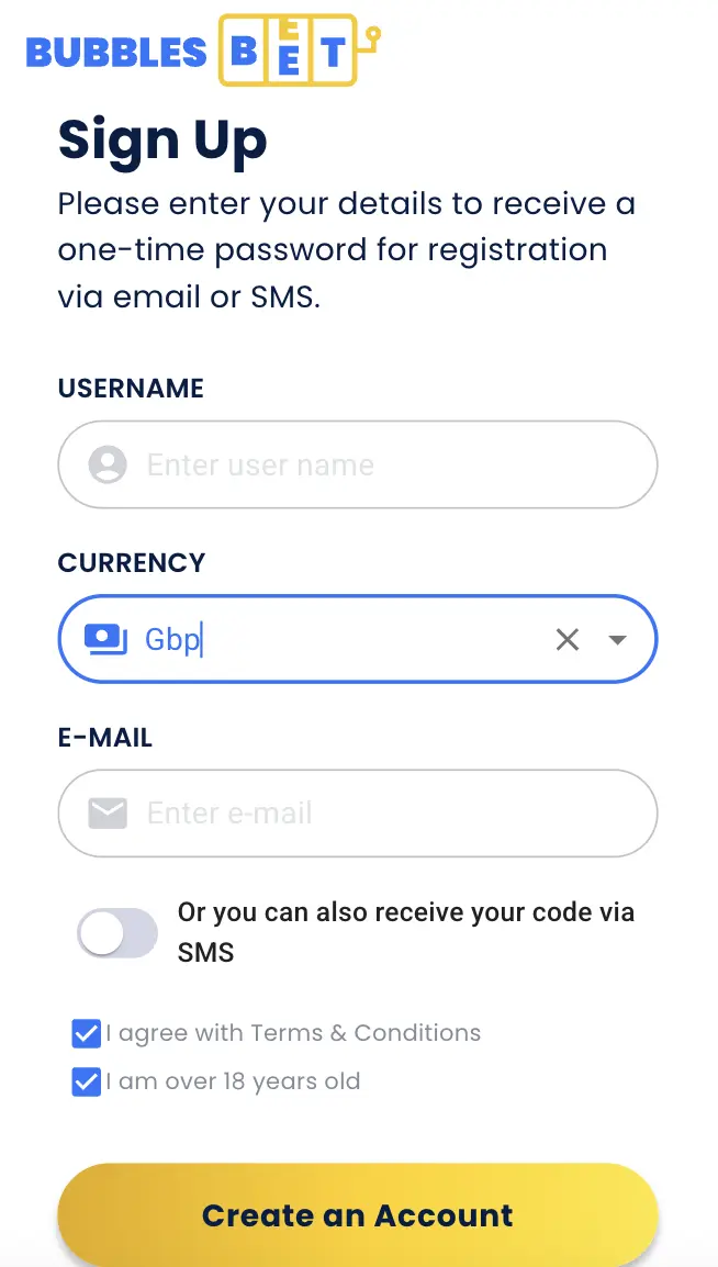Create Bubblesbet Casino Account interface